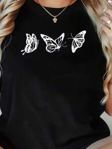 1 pieza Camiseta de mujer de talla grande con diseño de maosa impreso, divertida camiseta gráfica de manga corta oversize y novedosa - Negro - Ver 2