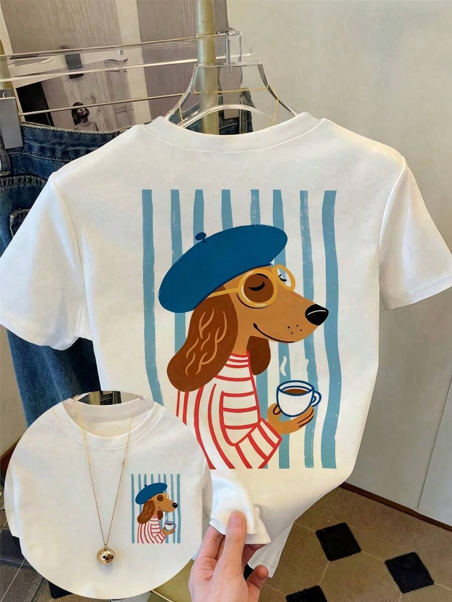 Camiseta gráfica casual para mujer, manga corta estilo urbano verano - Blanco - Ver 1