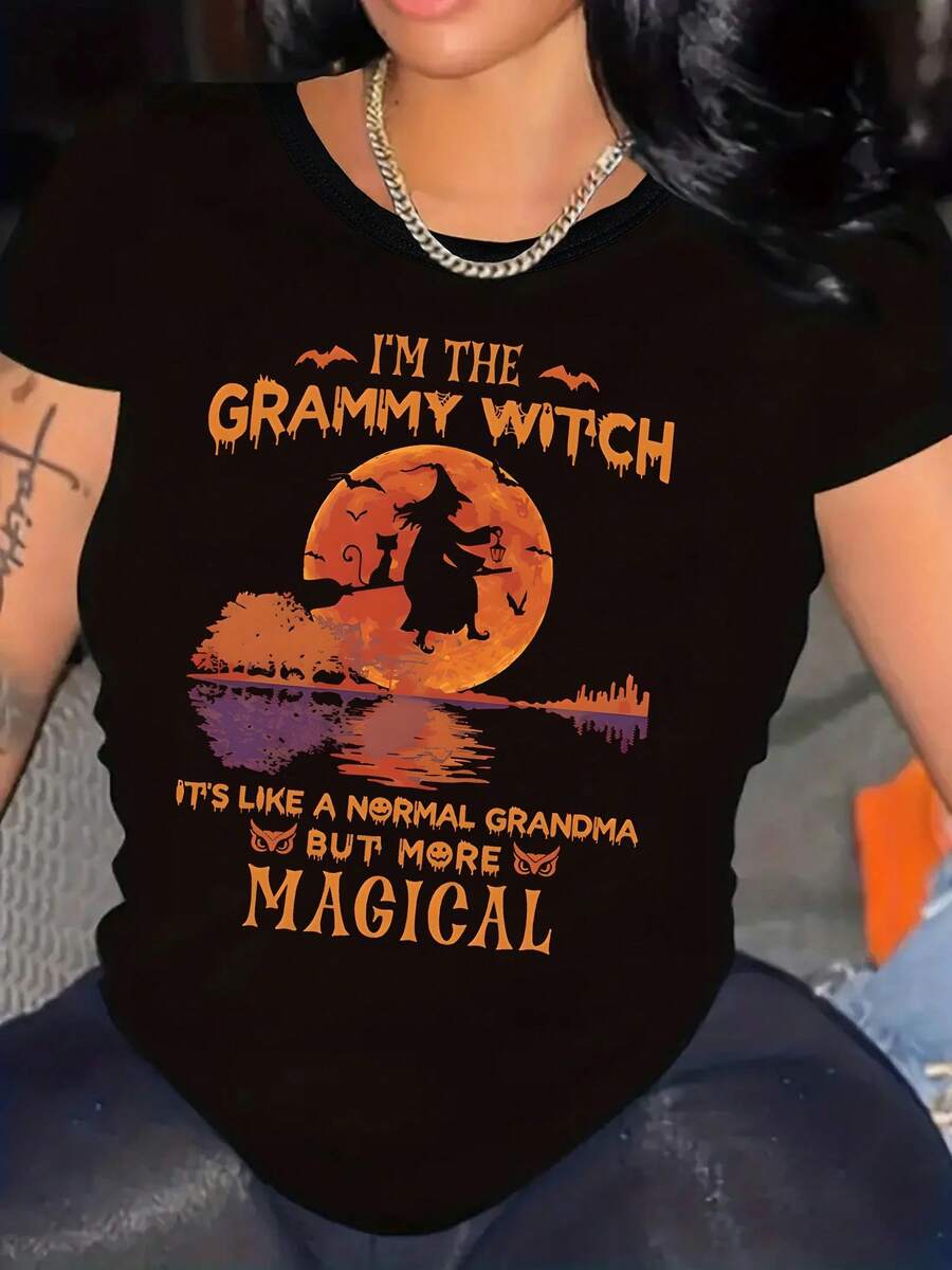 Camiseta de algodón de manga corta para mujer, camiseta con estampado gráfico de Halloween para mujer - con el eslogan "I'm The Grammy Witch" y diseño de murciélagos y luna, top casual de manga corta con cuello redondo, lavable a máquina, camiseta de primavera y verano, ropa de Halloween, ropa casual de temporada, diseño de bruja divertida, tela cómoda. - Negro - Ver 1