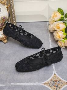 Plus Size Women's Retro Square Toe Mary Jane Shoes, Black Mesh Flower & Bow Decor, Hollow Breathable Sandals, Lightweight & Comfortable Summer New Arrival, Random Pattern - Black Mesh Background With Black Floral Patchwork - View 8