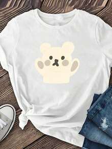 1 Piece Women's Short Sleeve T-Shirt With "Lying Looking At Your Little Bear" Print, Made Of Soft And Breathable Polyester Fiber, With Medium Elasticity, Machine Washable, Women's Clothing, Versatile Top For Daily Wear, Perfect For Summer Fashion, Casual Women's Short Sleeve Round Neck Printed T-Shirt, 100% Cotton. Comfortable, Versatile Short-Sleeved Top. - 白色的 - 查看 3