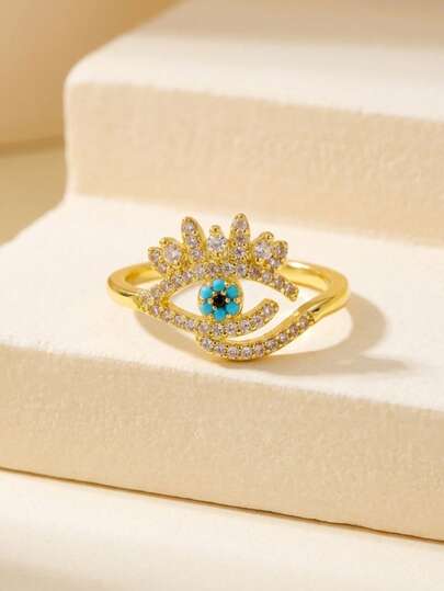 1pc Bohemian Eyelash Devil's Eye Ring, Copper Pave Zirconia Amulet Jewelry For Summer
