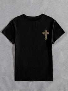 Women's Summer Tops Casual T-Shirt With Prayer And Faith Print, Short Sleeves, Round Neck, Women's Summer Graphic T-Shirt, Cotton T-Shirt, Camisetas Mujer - 黑色 - 查看 2