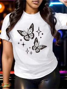 Camiseta 100% Algodón con Estampado de Mariposas y Estrellas - Corte holgado, manga corta, cuello redondo, ropa casual de verano, transpirable y lavable a máquina, de color blanco, con - Blanco - Ver 6