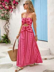 Vestido de gasa con estampado para primavera y verano con cuello de halter para mujeres - Rosa - Ver 2