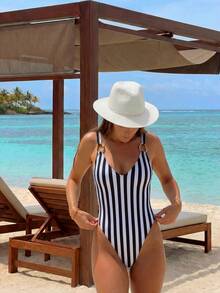 Women's Fashionable Sleeveless Striped One-Piece Swimsuit, High-Cut Design With Straps And Open Back, Perfect Bikini For Beach Wear Vacation - Black and White - View 2