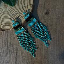 AHAYA Handmade Geometric Long Tube Bead Earrings, Fashion Tassel Drop Earrings With Glass Beads, Versatile Beaded Earrings Suitable For Daily Wear And Vacation - Blue - View 3