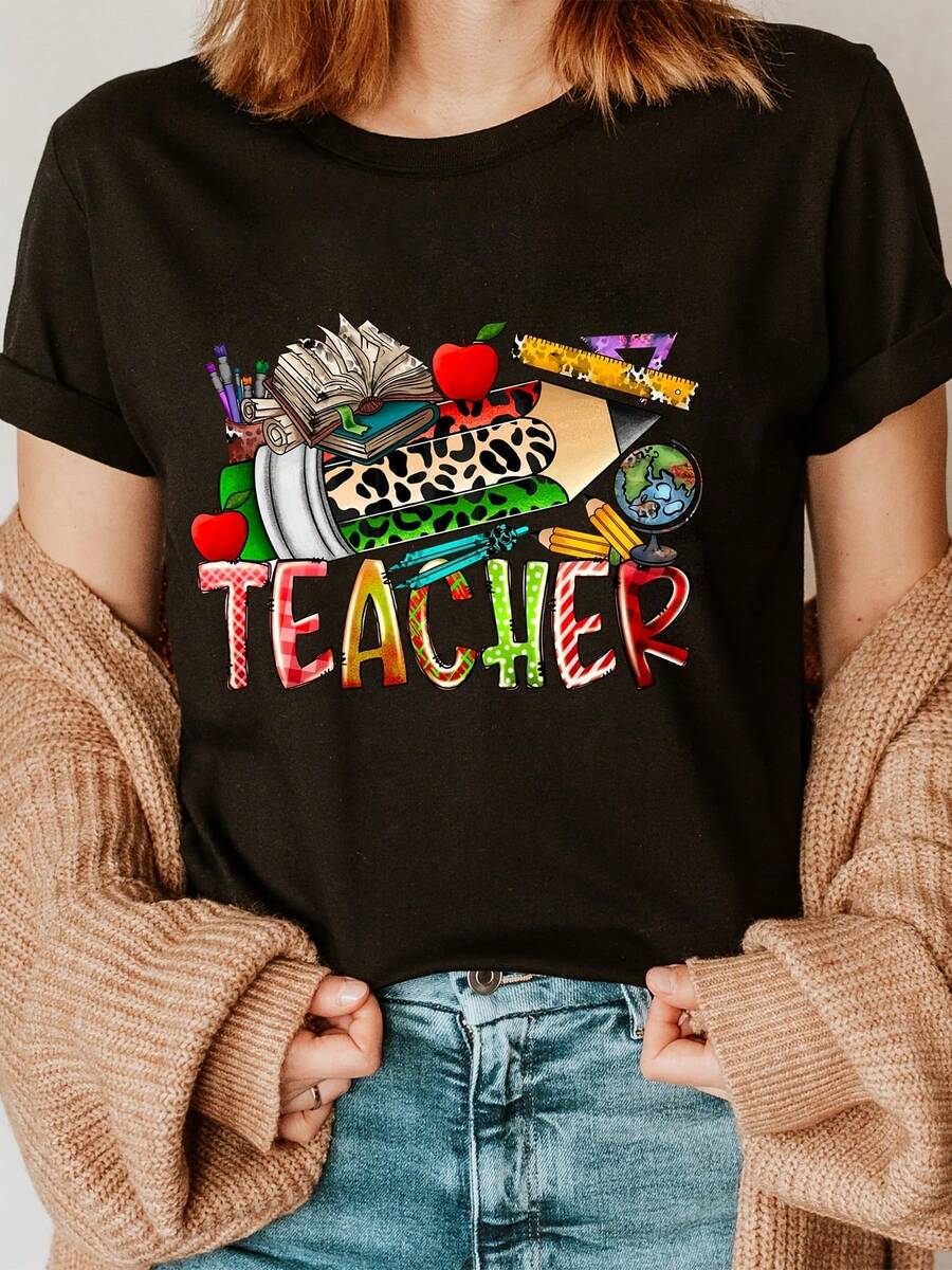Playera de cuello redondo con estampado del Día del Maestro, top casual de manga corta para verano y primavera, ropa de mujer - Negro - Ver 1