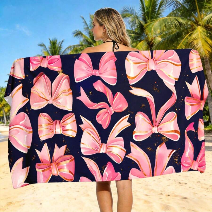 1 pezzo Asciugamano da spiaggia con fiocco rosa e accenti dorati, leggero, portatile, morbido e confortevole, altamente assorbente, asciugatura rapida, unisex, adatto per spiaggia, campeggio, nuoto, immersioni, surf, viaggi, regalo ideale per Pasqua, regalo estivo, regalo di compleanno - Multicolore - Visualizzare 1