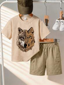 1 Set Geometric Wolf Head Print Short Sleeve T-Shirt And Shorts Outfit, Suitable For Teenage Boys, Perfect Summer Gift For School And Outdoor Wear, Spring/Summer - Multicolor - View 1