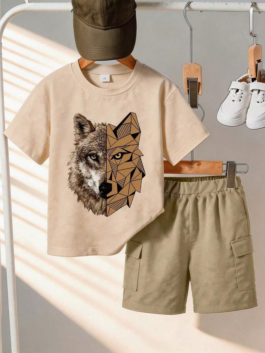 1 Set Geometric Wolf Head Print Short Sleeve T-Shirt And Shorts Outfit, Suitable For Teenage Boys, Perfect Summer Gift For School And Outdoor Wear, Spring/Summer - Multicolor - View 1