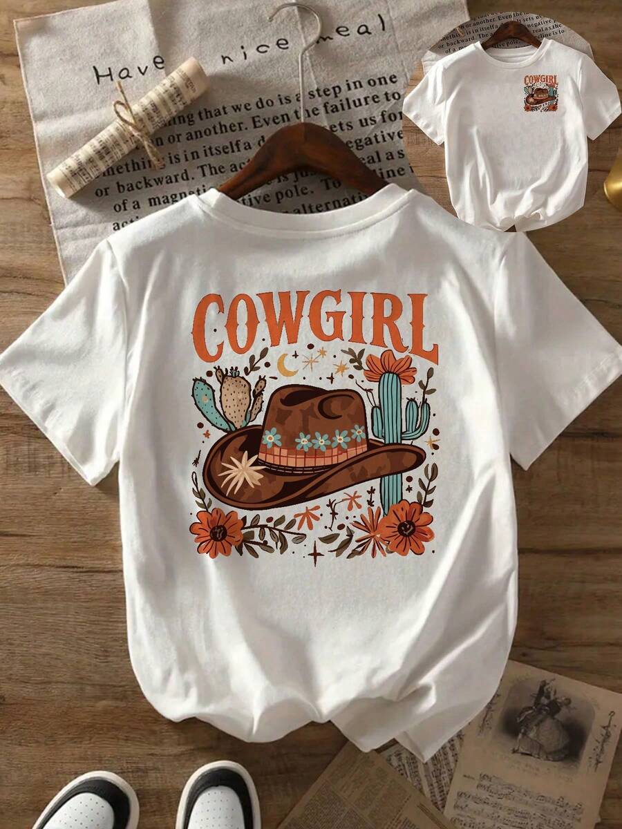Short-Sleeved T-Shirt With Front And Back Prints, Featuring A Brown Cowgirl Hat Design - Women's Casual Top, Comfortable Fit, Classic Style. Y2k T-Shirt - 黑色 - 查看 1