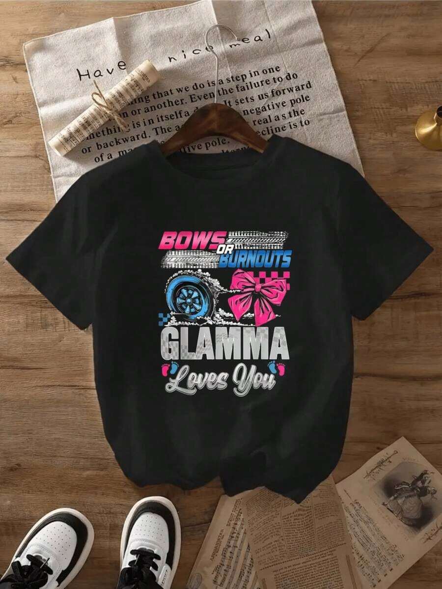 Bows and Burnouts Glamma Loves You - Camiseta Casual de Cuello Redondo para Mujer, Regalo para Fanáticas de las Animadoras y Abuelas - Negro - Ver 1