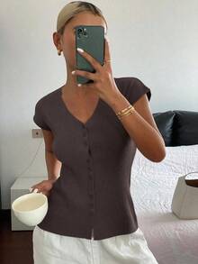 Cárdigan casual de verano para mujer, de unicolor, ajustado, de cuello en V, elástico y delgado - Café integral - Ver 6