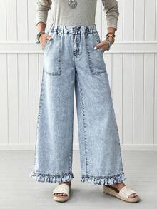 Pantalones vaqueros de pierna ancha con cintura elástica y bajo con volantes para mujeres - Lavado ligero - Ver 3