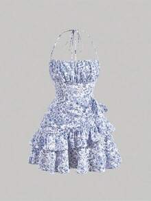 Vestido mini con cuello halter romántico y de moda para mujer - Azul y blanco 2 - Ver 6