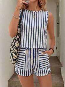 Set de 2 piezas de top corto sin mangas a rayas y pantalones, conjunto informal de verano con bolsillos para mujer - Azul - Ver 9