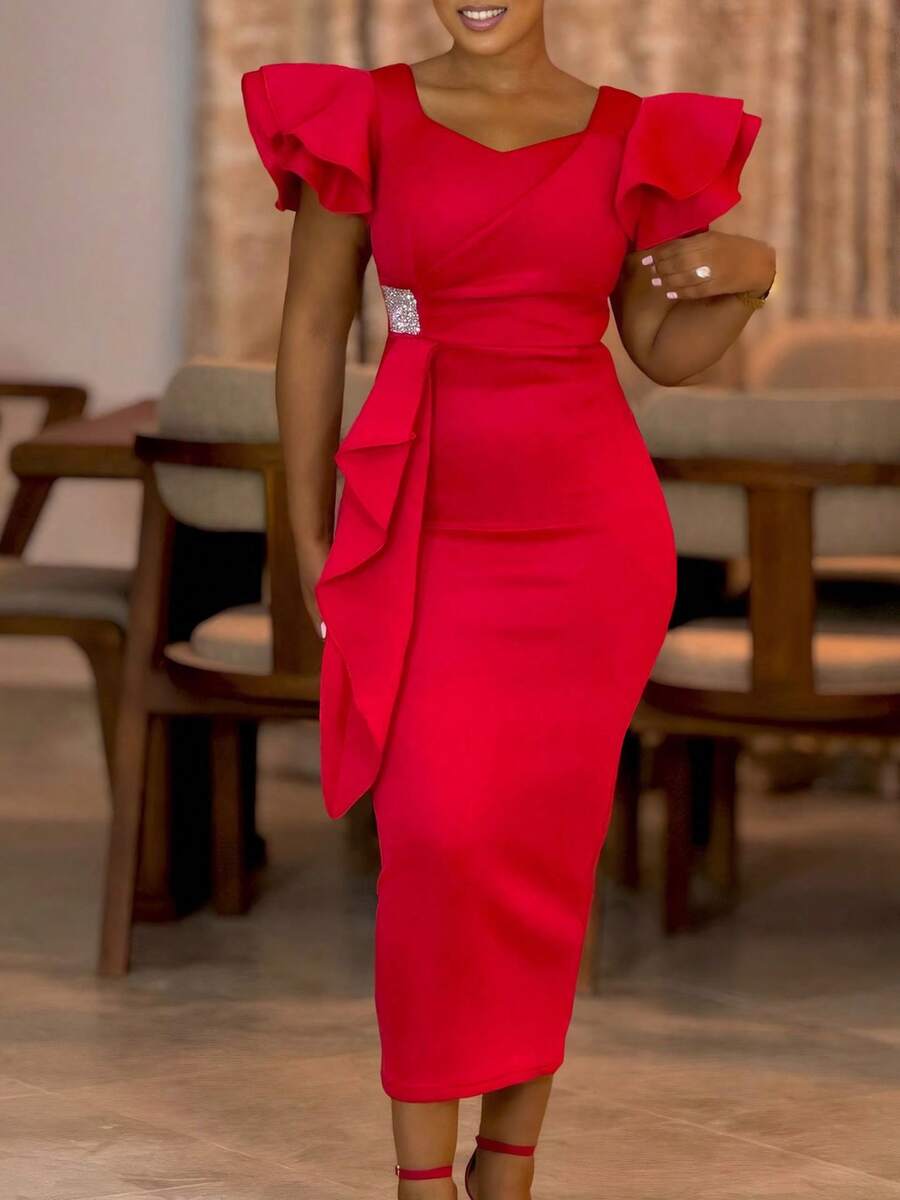 Nuevo Vestido Ajustado Color Sólido con Volantes Estilo Europeo Americano Elegante - Rojo - Ver 1