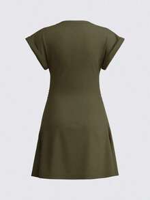 Vestido corto casual de punto de unicolor con cuello redondo, manga corta y cordón lateral para mujer - Verde militar - Ver 6
