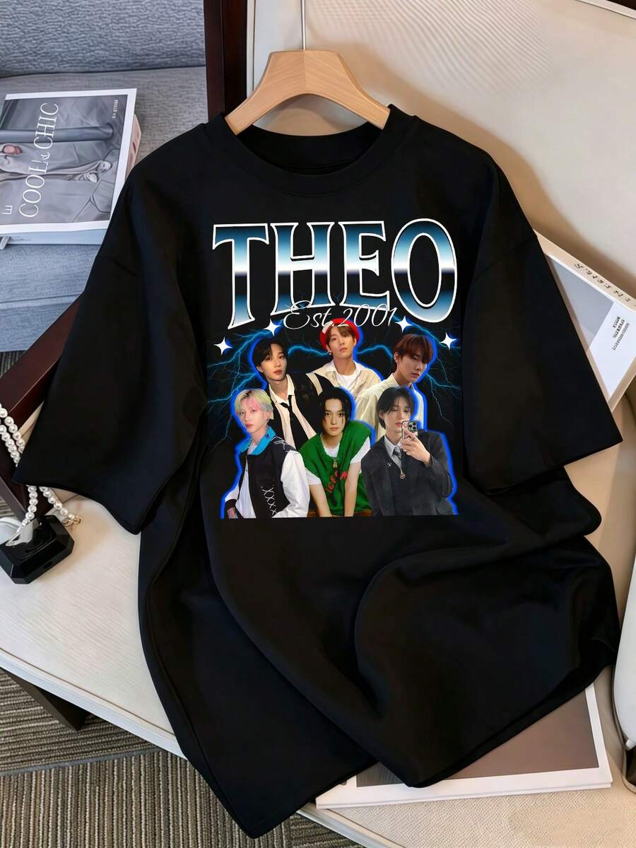2026 T-Shirt, Vintage Graphic P1Harmony THEO T-Shirt, Oversized Casual P1ece Fans T-Shirt, Retro Streetwear Top 2001, Retro K-Pop Idol Bootleg Style Oversized T-Shirt, Vintage Graphic Print T-Shirt, Short Sleeve Loose Casual Top, Fan Merchandise, Black Streetwear T-Shirt For Fans, Vintage Graphic K-Pop Star T-Shirt, Short Sleeve Oversized T-Shirt With Retro Lightning Bolt Letter Print, Black Crew Neck Casual Top, Gift For Streetwear Style Idol Fans, Comfortable Loose Fit Cotton Blend T-Shirt For Women And Men. - Black - View 1