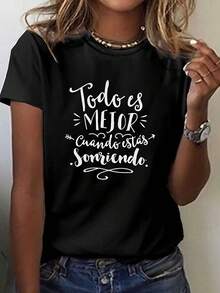 PremiumCamiseta estampada en español Espa Ol Fun, top casual de manga corta y cuello redondo, adecuada para verano y primavera, ropa femenina linda.Nueva llegada - Negro - Ver 1