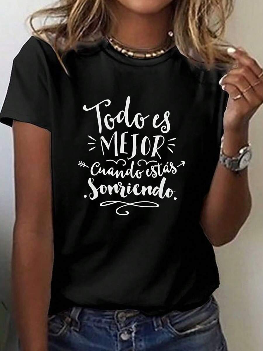 PremiumCamiseta estampada en español Espa Ol Fun, top casual de manga corta y cuello redondo, adecuada para verano y primavera, ropa femenina linda.Nueva llegada - Negro - Ver 1