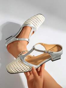 Classic Vintage Solid Color Buckle PU Leather Shoes, Suitable For Beach, Wedding, Party, Office, Indoor & Outdoor, Spring/Summer - Silver - View 6