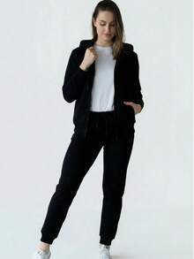 Women's Jogger Sweatpants With Ribbed Leg Cuffs, A Ribbed Waistband With Drawstring, Made From French Terry Fabric - Black - View 2