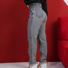 Women's Mom Jeans, High Waist, Marbled Effect. - Graphite - View 4