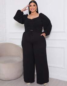 Plus Size Set: Off-The-Shoulder Cropped Top And Elegant High-Waisted Lined Palazzo Pants - 黑色 - 查看 4