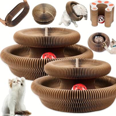 【折叠猫玩具】猫抓板和魔术装置猫玩具 - 互动式可折叠纸板抓板，防流口水、防抓挠、耐磨损，多层设计，适合室内玩耍，节省空间，适合所有品种的猫咪，包括幼猫和成猫。【魔术装置】-猫抓板，耐磨损室内互动宠物玩具 -【圆形球轨道魔术装置】| 猫抓板 - 猫互动玩具纸板抓板 | 猫玩具