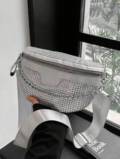 Summer Black Chest Bag For Women, Sports Style Waist Bag With Chain & Diamond Decor, Crossbody Shoulder Bag Suitable For Students, Work Commute, Shopping, Travel, Sports