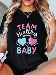 Talla Grande, Camiseta de Mujer Talla Grande con Estampado Gráfico TEAM Healthy, Manga Corta, Cuello Redondo, Top Casual para Verano y Primavera, Ropa de Mujer - Negro - Ver 1