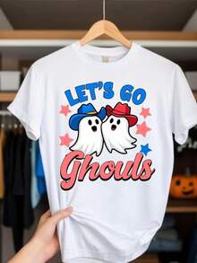Fas lindos de las mujeres Vamos Ghouls imprimir camiseta - blanco de manga corta cuello de la tulación Top casual con persones rosa y azul, sombrero y estrellas - relado uste H-líneara Halloween y Navidad Party Outfi - Blanco - Ver 2