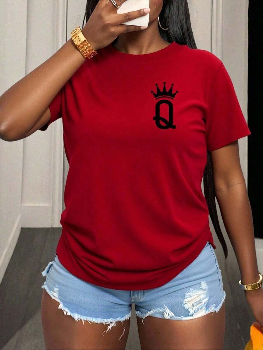 Envío gratis, entrega local enéxico, entrega en 4 días.Camiseta casual de manga corta ajustada para mujer , blusas estampadas para ropa de mujer. - Rojo 2 - Ver 1