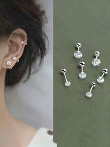 1 Pair Mini 14K Gold Plated Cubic Zirconia Stud Earrings, Elegant & Sparkling Earrings For Girl - Gold - View 11