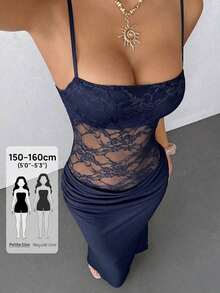 Vestido transparente de encaje con tirantes para mujer  PETITE, ropa sexy para fiestas, citas y festivales, adecuado para otoño e invierno, se puede usar como capa interior. - Azul Marino - Ver 8