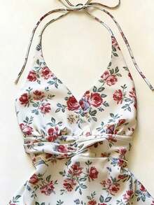 Blusa Elegante y Romántica  con Diseño Floral Retro y Decoración de Pedrería, Cuello Halter y Corte en A para Mujer - Multicolor - Ver 4