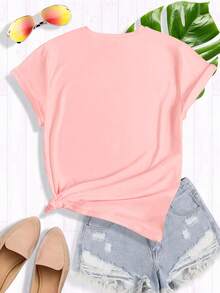 Camiseta de mujer con diseño combinado de loto dorado y rosa, estilo vintage, casual, deportiva, de manga corta, cuello redondo, estampado floral para primavera, verano y otoño. - Negro - Ver 2