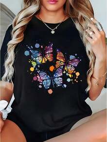 Camiseta negra de mujer extragrande con estampado de mariposas multicolor - Suave, transpirable, de corte holgado, manga corta, cuello redondo, top casual de verano, blusa cómoda para uso diario y para todas las estaciones. - Negro - Ver 1