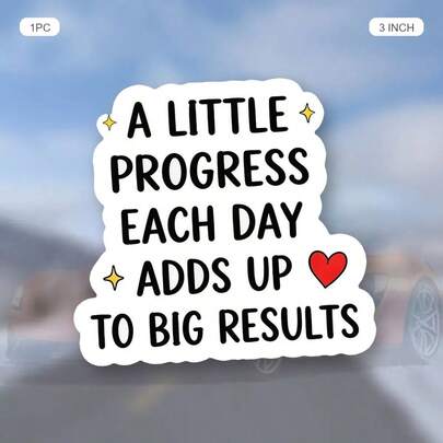 (1PC) 3 Inch Waterproof Removable PVC Vinyl Sticker Decal - "A Little Progress Each Day Adds Up To Big Results" Motivational Quote With Heart And Sparkle Accents, Cute Minimalist Aesthetic For Laptop, Phone Case, Water Bottle, Notebook, Skateboard, Helmet - Y2K Inspirational Sticker For Gen Z Women, Self-Care, Study Motivation, Positive Mindset, Cozy Home Office Gift