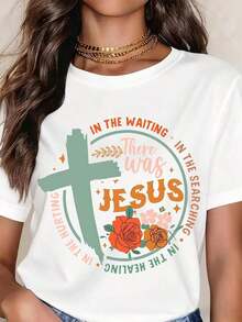 ropa de mujer Camiseta Blanca con Cruz y Rosas Jesús en la Espera, en la Búsqueda, en la Curación, en el Dolor Diseño de Fe Cristiana de Pascua camisas de mujer - Blanco - Ver 1