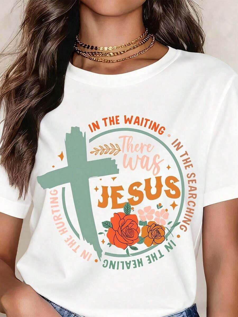 ropa de mujer Camiseta Blanca con Cruz y Rosas Jesús en la Espera, en la Búsqueda, en la Curación, en el Dolor Diseño de Fe Cristiana de Pascua camisas de mujer - Blanco - Ver 1