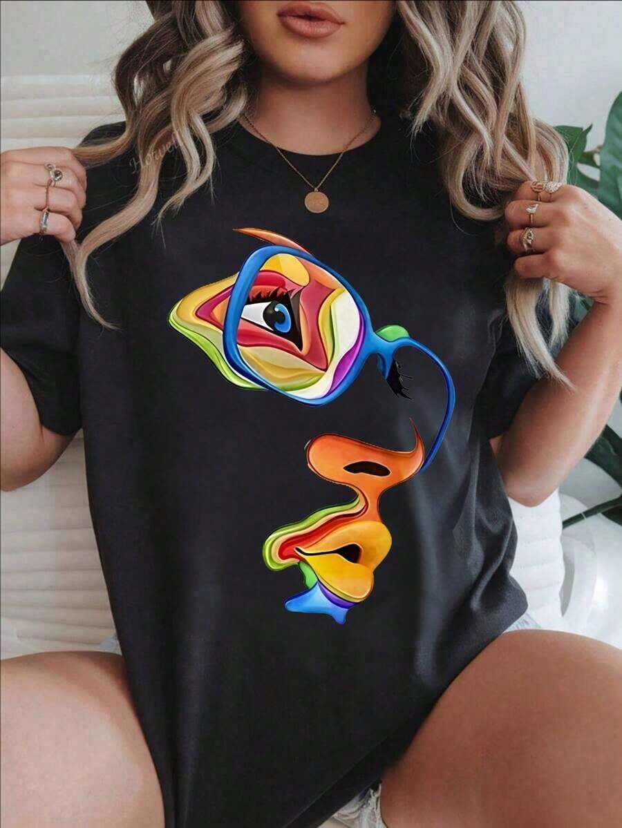 Women's Casual Short-Sleeve T-Shirt - Colorful Eyes And Mouth Design With Sunglasses, Round Neck, Summer Top, Machine Washable, Ladies' T-Shirts, Casual Wear, Modern Style, Comfortable Fit
-White - 黑色 - 查看 1