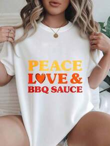 Camiseta Casual con Estampado Moderno para Mujer "Peace Love And Bbq Sauce", Adecuada para Todas las Temporadas  
 -Blanco - Blanco - Ver 1