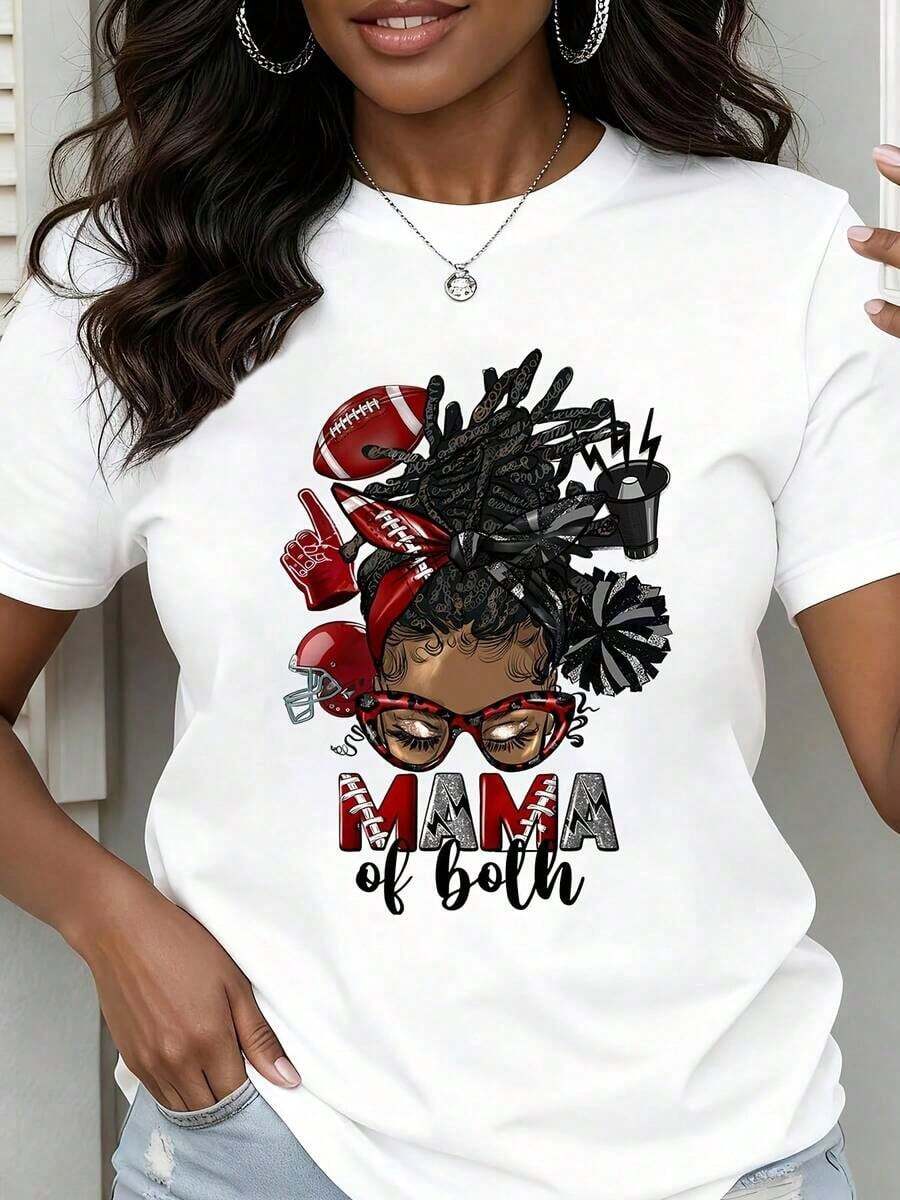 Camiseta de cuello redondo para mujer con estampado "Mamá de Fútbol Americano y Animadora", manga corta, para mamá fanática de los deportes, ropa casual. - Blanco - Ver 1