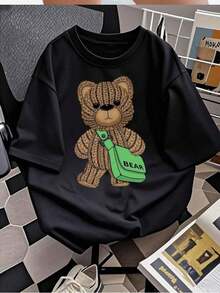 Impresión de oso tejido lindo, diseño de bolso de hombro lindo "BEAR", camiseta de uso diario, camiseta de 100% algodón de 1 pieza - Negro - Ver 2