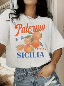 Vintage Loose Fit Women's Casual Short Sleeve T-Shirt With Letter Print - Vibrant Orange Citrus Fruit Print With Palermo 757 Italy Sicilia Text, Breathable Medium Stretch Round Neck Summer Top, Machine Washable Regular Fit Oversize Women's Printed T-Shirt 100% Pure Cotton - 白色 - 查看 1