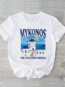 Plus Size - Plus Size - Mykonos Windmill Landscape Print Short Sleeve T-Shirt | Women's Plus Size Top, Greek Cicadas Graphic T-Shirt, Comfortable Casual Wear For Plus Size Women, Travel-Inspired Clothing, Everyday Outfit Essential, Medium Stretch Fabric - White - View 6