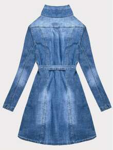 Blue denim tunic with belt, Tunic with belt, Button collar, Straight cut, Half-round hem, Length below the hips - 藍色 - 查看 4